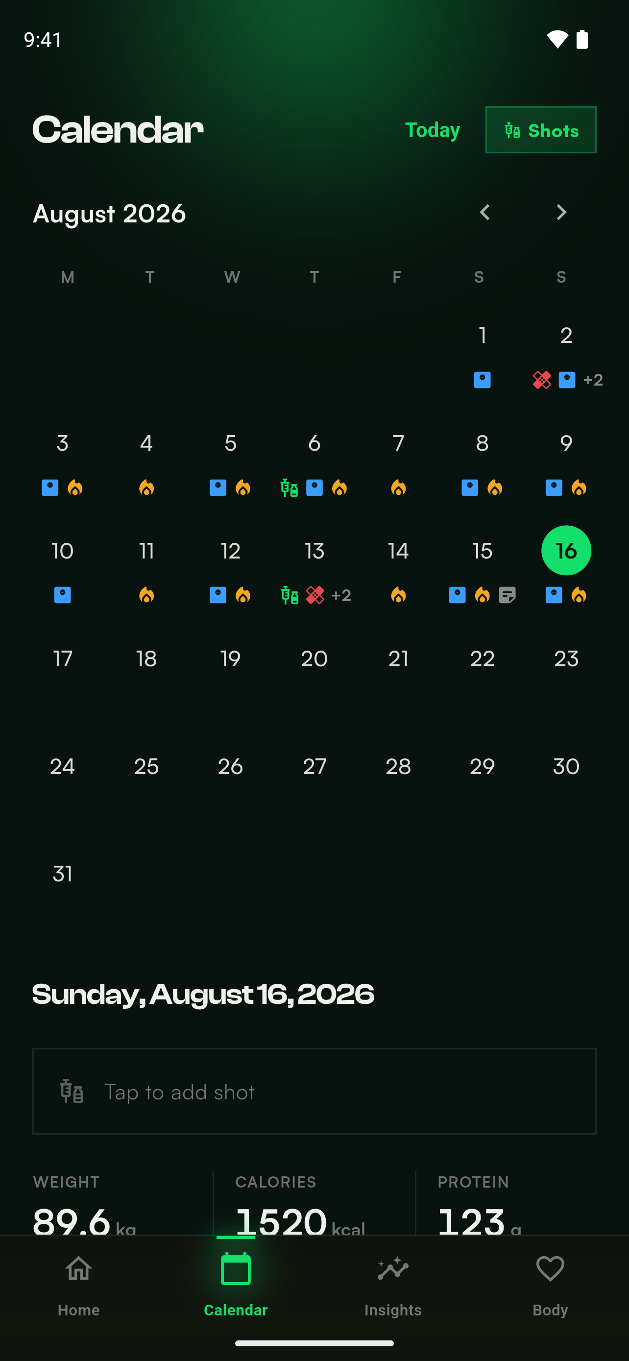 The calendar showing doses, weigh-ins and check-ins on a month grid.