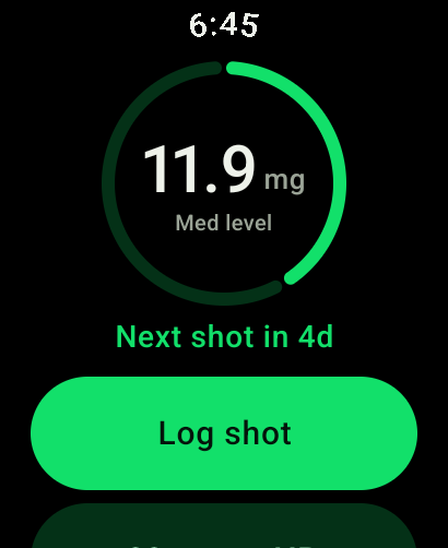 The Penwise watch app showing the next dose and the current streak.